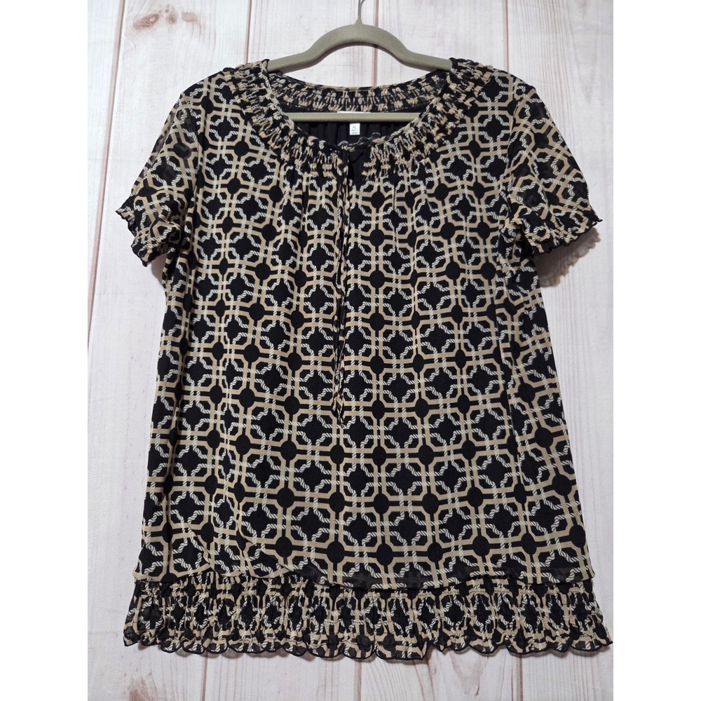 Croft & Barrow Womens XL Black Tan Geometric Print Smocked Mesh Sleeve Blouse